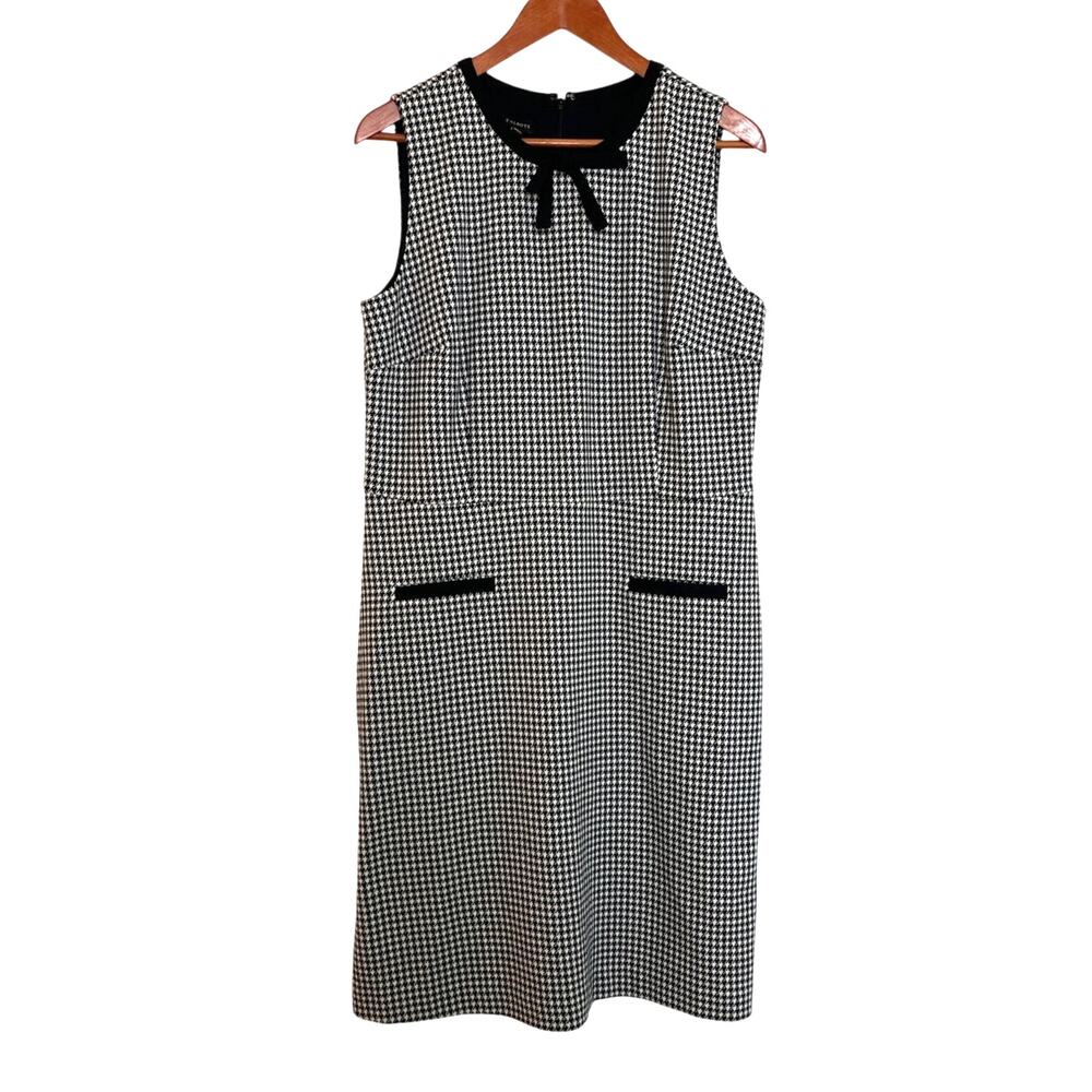 Talbots Houndstooth Stretch Knit Midi Dress Size 14 Black White Bow Academia NWT